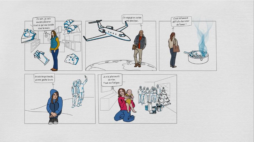 accès à une animation vidéo décrivant des situations auxquelles répond l'hypnose